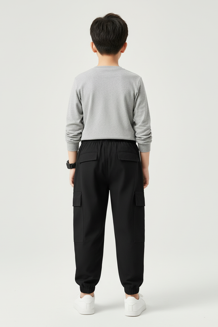 Pantalon Cargo Noir Coton Ample Garçon Poches - vue 2