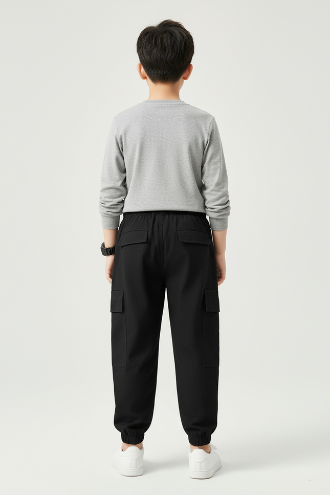 Pantalon Cargo Noir Coton Ample Garçon Poches - vue 2