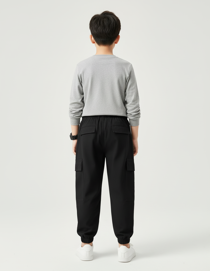 Pantalon Cargo Noir Coton Ample Garçon Poches - vue 2