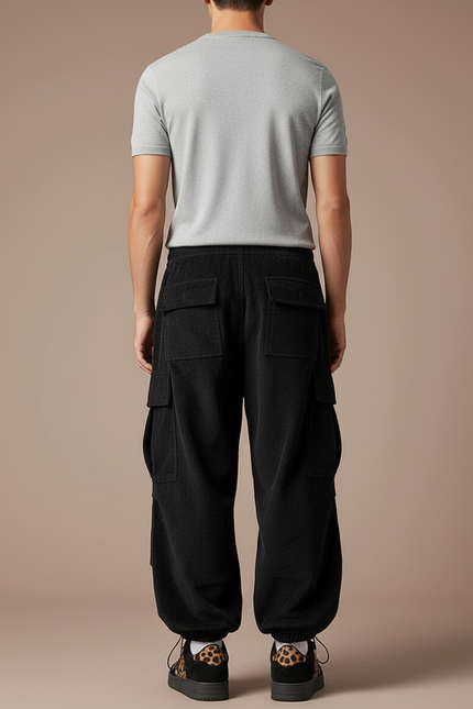Pantalon Cargo Noir Velours Côtelé Ample Décontracté Homme - Cordé - vue 2