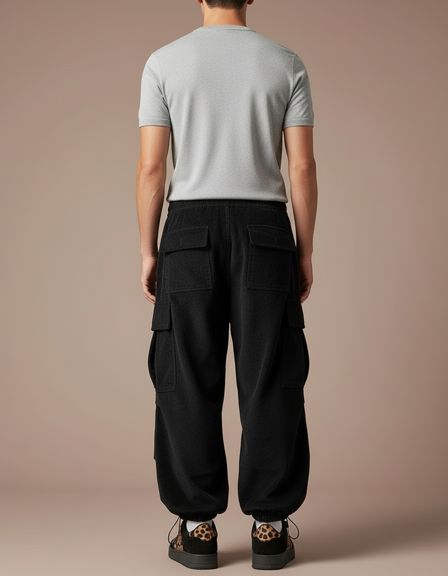 Pantalon Cargo Noir Velours Côtelé Ample Décontracté Homme - Cordé - vue 2