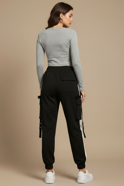 Pantalon Cargo Noir Bandes Blanches Ample Femme - Molleton - vue 2