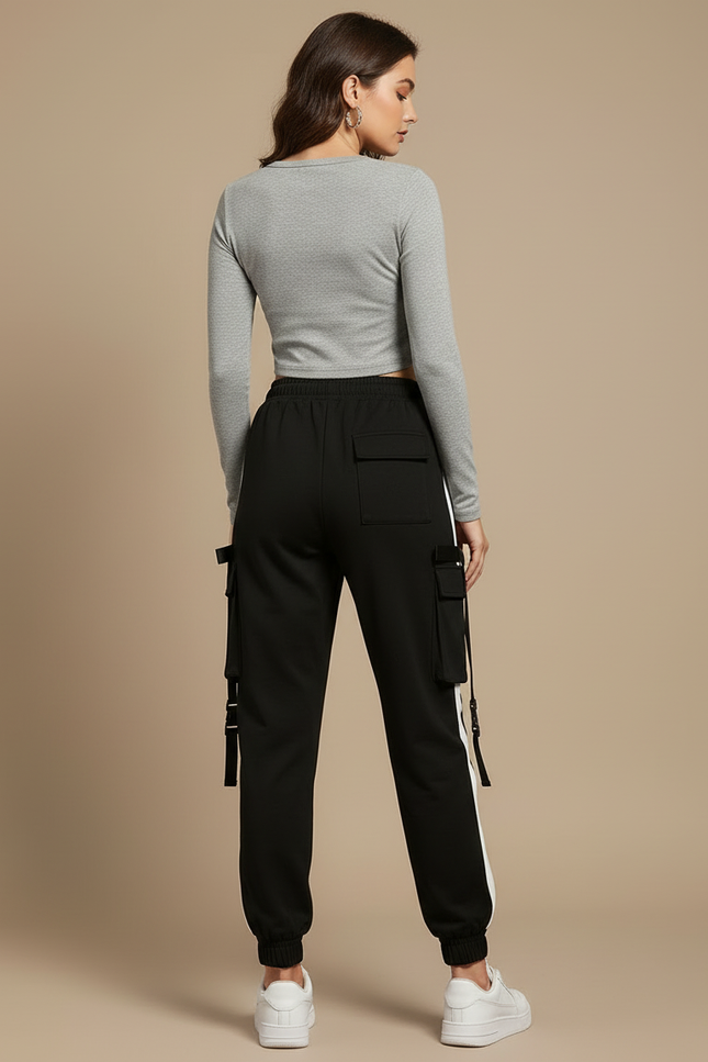 Pantalon Cargo Noir Bandes Blanches Ample Femme - Molleton - vue 2