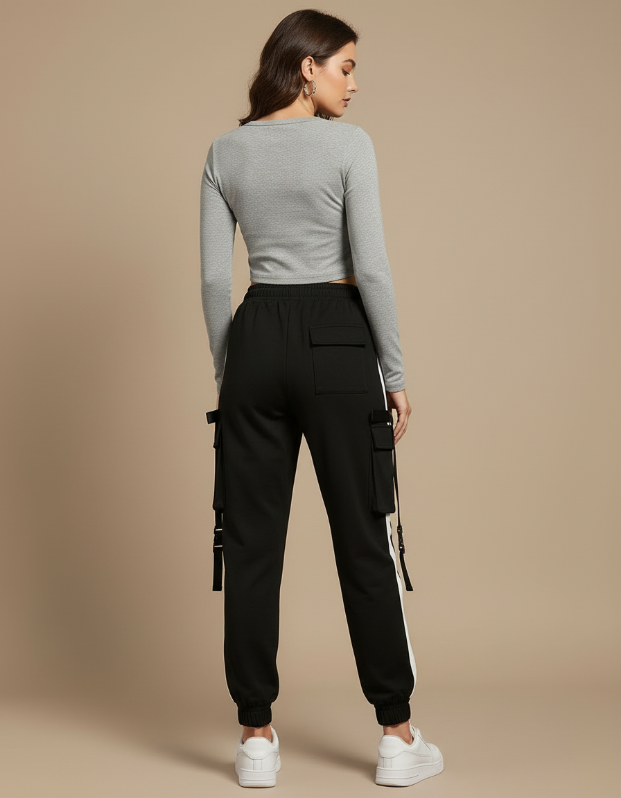 Pantalon Cargo Noir Bandes Blanches Ample Femme - Molleton - vue 2