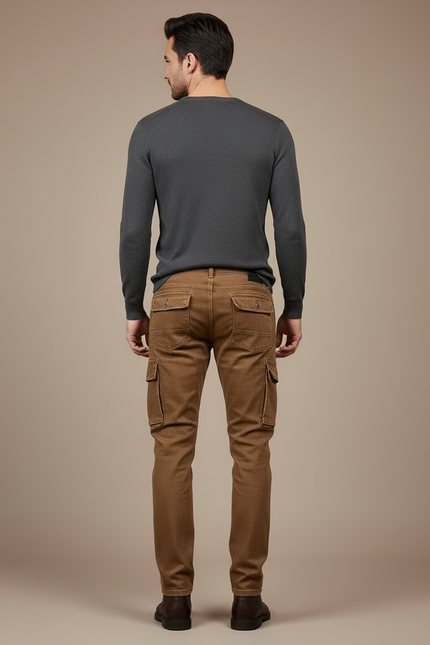 Pantalon Cargo Marron Coton Slim Multipoches Homme - Toile - vue 2