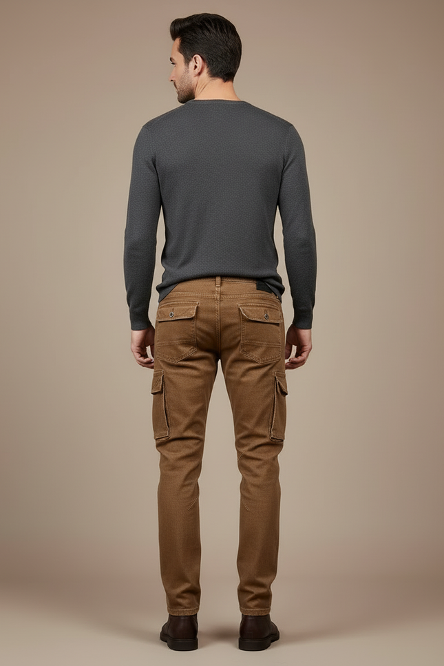 Pantalon Cargo Marron Coton Slim Multipoches Homme - Toile - vue 2