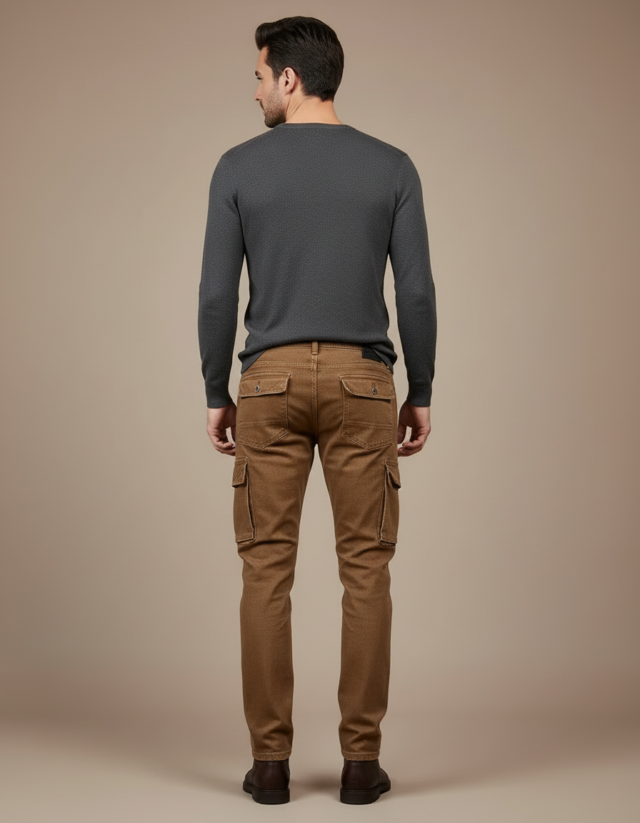 Pantalon Cargo Marron Coton Slim Multipoches Homme - Toile - vue 2