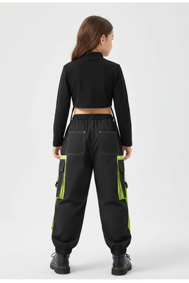 Pantalon Cargo Noir Vert Fluorescent Multipoches Enfant - Polyester