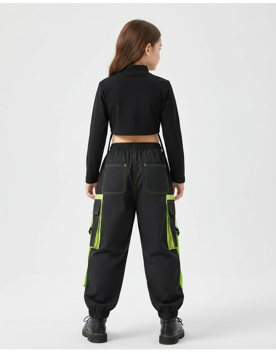 Pantalon Cargo Noir Vert Fluorescent Multipoches Enfant - Polyester