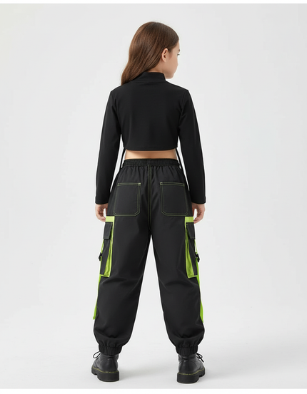 Pantalon Cargo Noir Vert Fluorescent Multipoches Enfant - Polyester