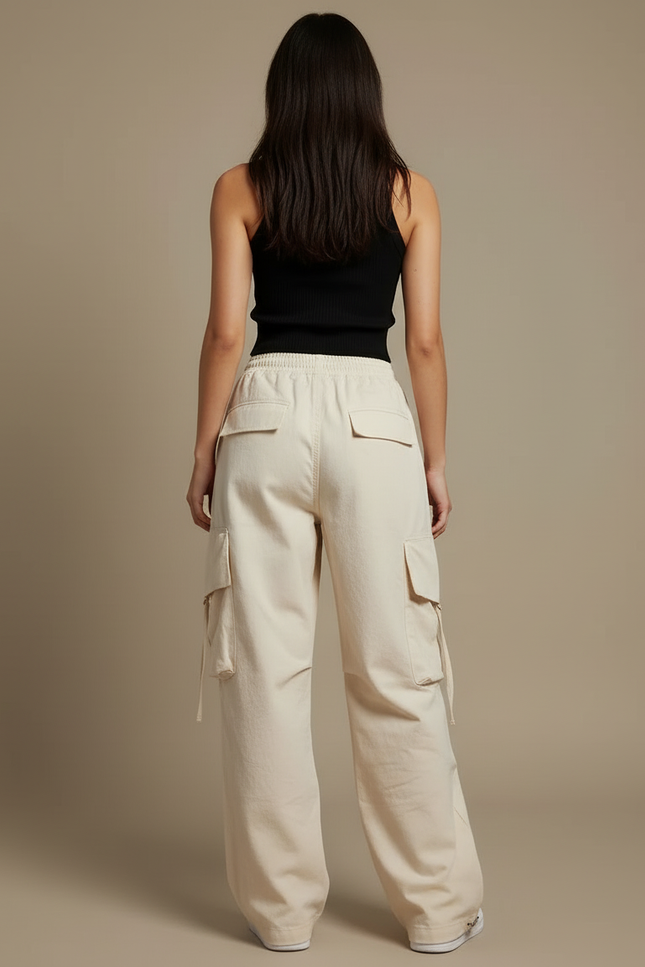 Pantalon Cargo Beige Ample Taille Haute Poches - Toile - vue 2