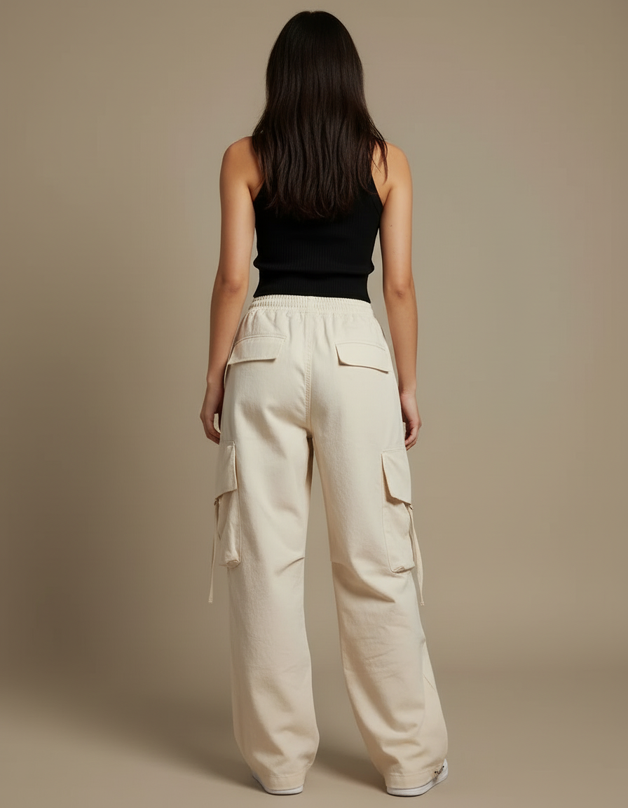 Pantalon Cargo Beige Ample Taille Haute Poches - Toile - vue 2