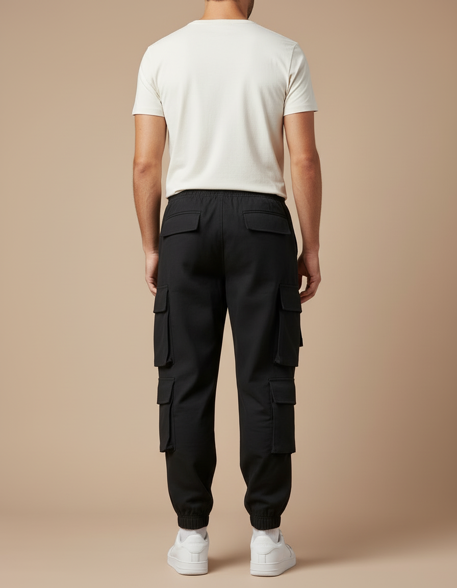 Pantalon Cargo Noir Coupe Jogger Ample Multipoches Homme - Toile - vue 2
