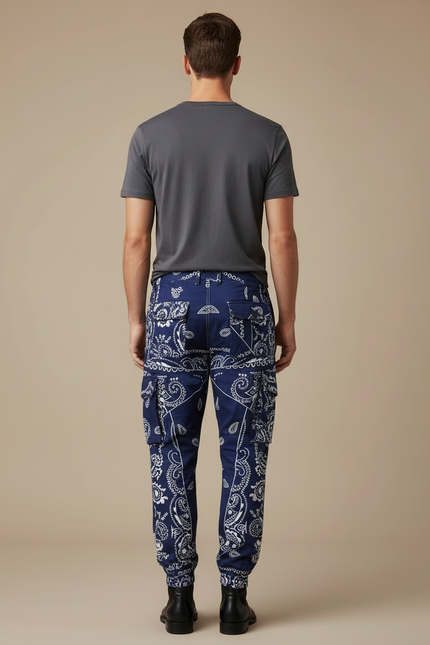 Pantalon Cargo Bleu Bandana Imprimé Ample Streetwear - Polyester - vue 2