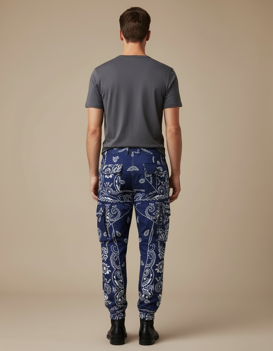 Pantalon Cargo Bleu Bandana Imprimé Ample Streetwear - Polyester - vue 2