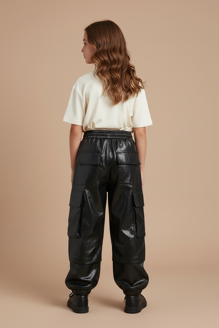 Pantalon Cargo Noir Similicuir Ample Fille Poches - Simili cuir - vue 2