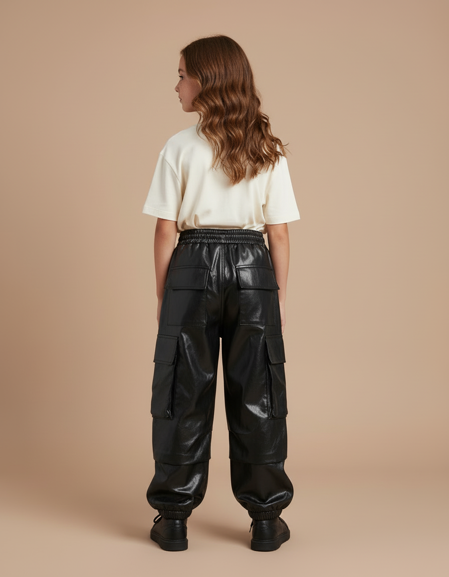 Pantalon Cargo Noir Similicuir Ample Fille Poches - Simili cuir - vue 2