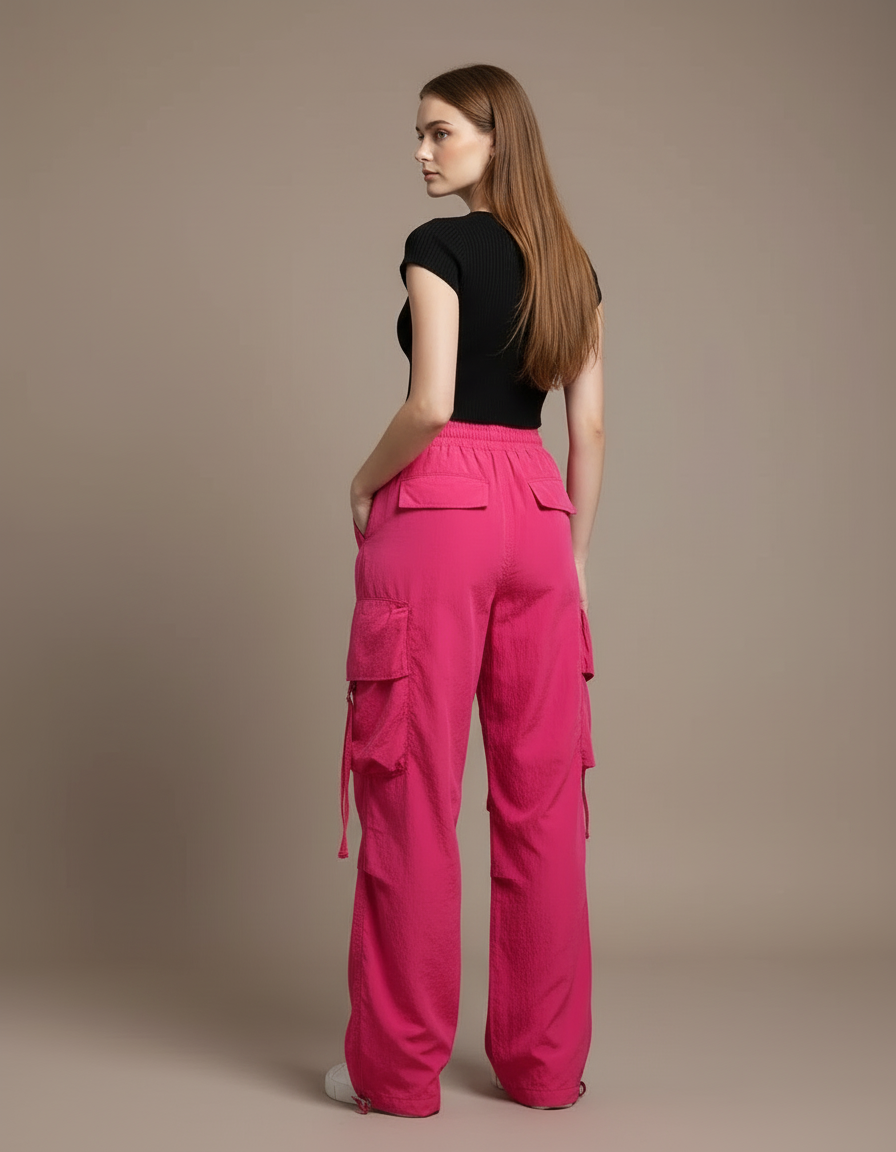 Pantalon Cargo Rose Fuchsia Ample Fluide Multipoches Femme - Polyester - vue 2
