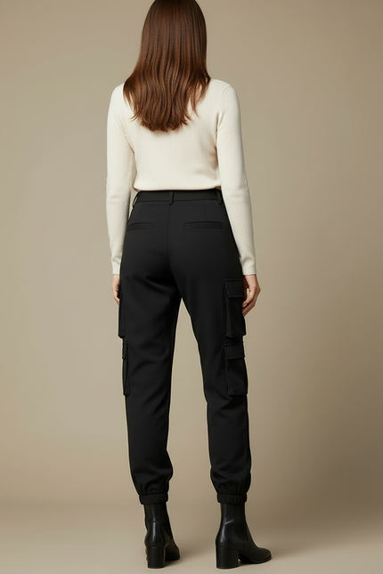 Pantalon Cargo Noir Femme Multipoches Ajusté Élastique - Polyester - vue 2
