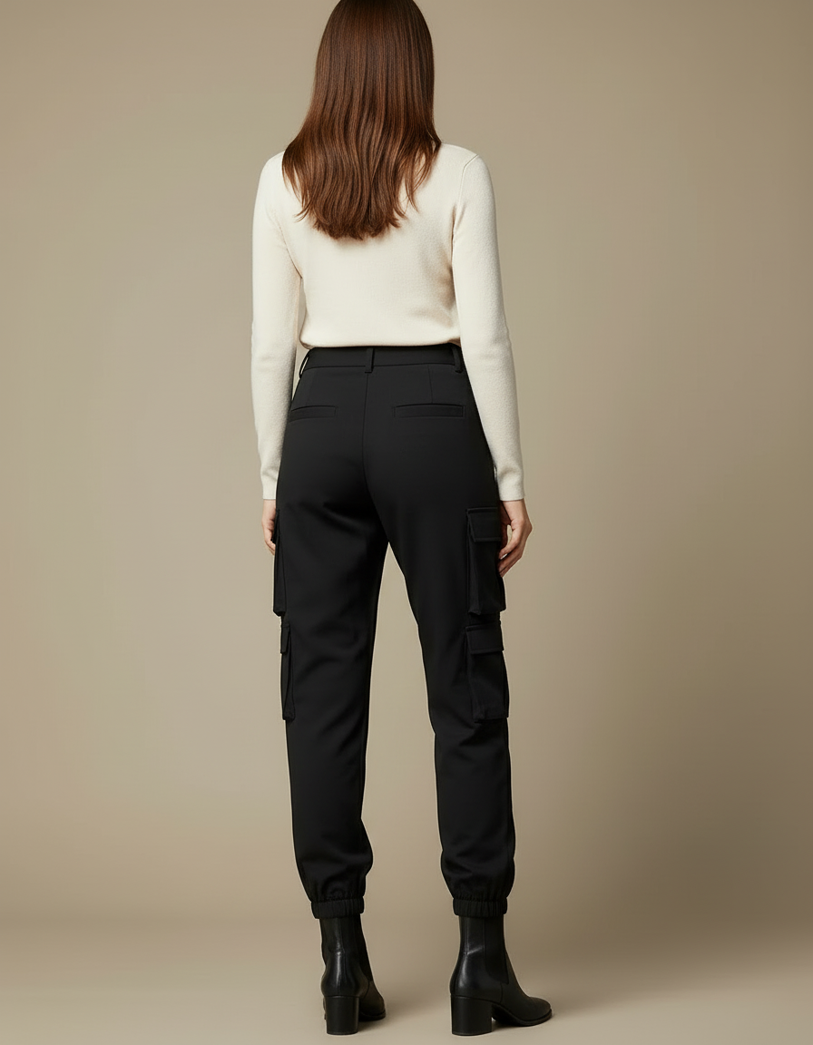 Pantalon Cargo Noir Femme Multipoches Ajusté Élastique - Polyester - vue 2