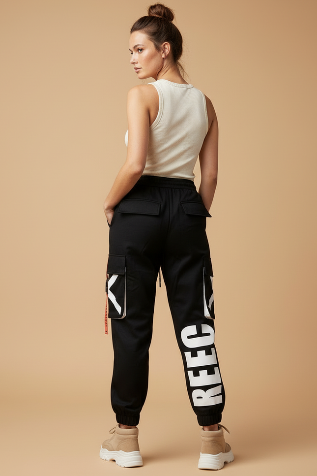 Pantalon Cargo Noir Ample Imprimé Streetwear Femme - Polyester - vue 2