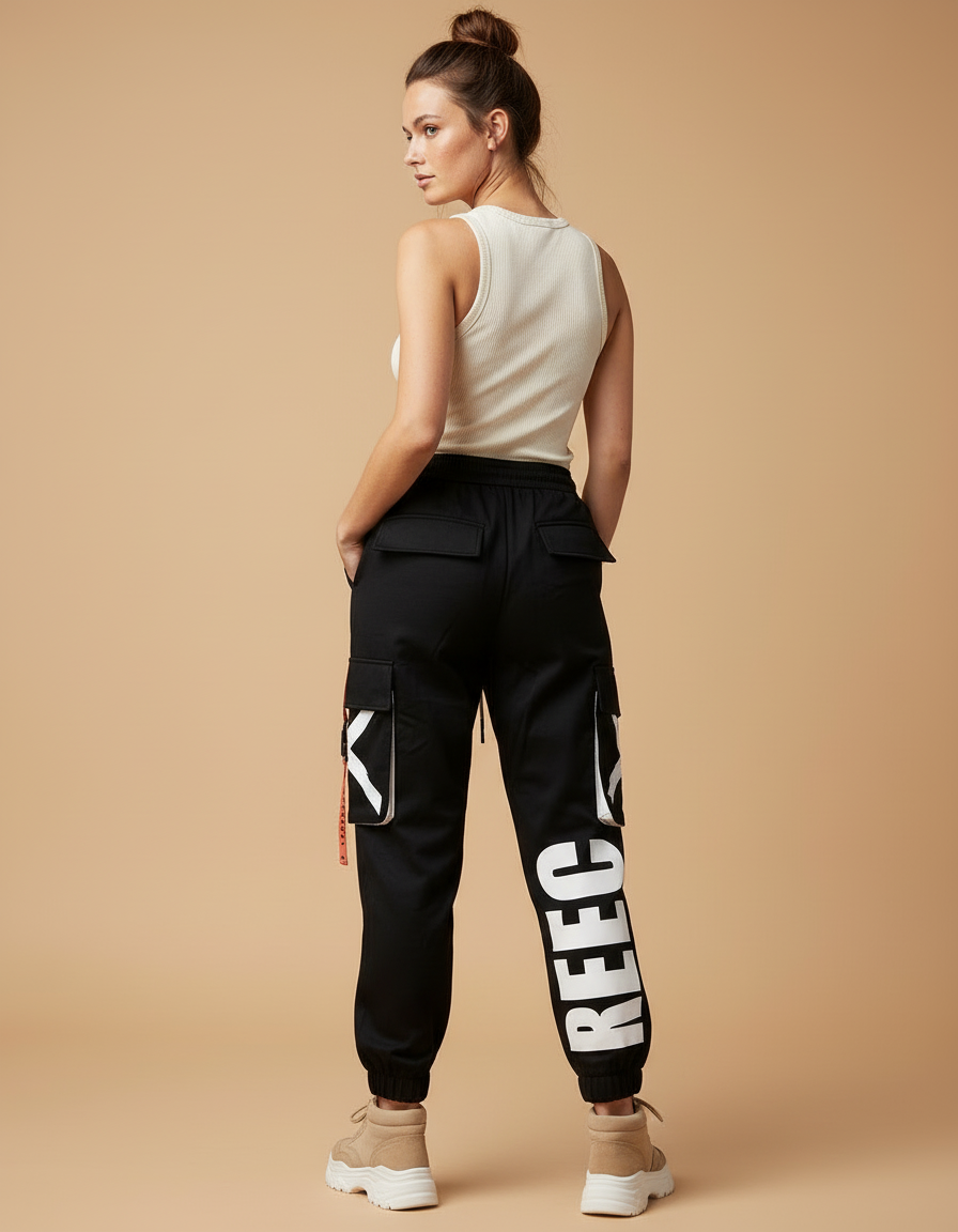 Pantalon Cargo Noir Ample Imprimé Streetwear Femme - Polyester - vue 2