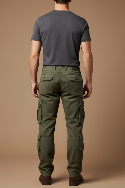 Pantalon Cargo Homme Vert Ample Décontracté Multipoches - Kaki Toile - vue 2
