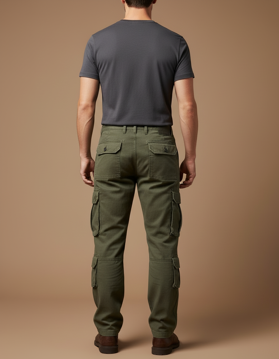 Pantalon Cargo Homme Vert Ample Décontracté Multipoches - Kaki Toile - vue 2