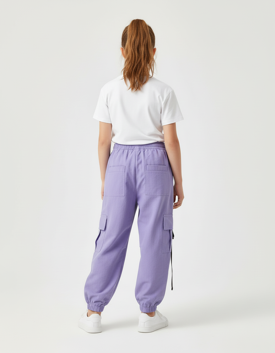 Pantalon Cargo Ample Violet Poches Sangles Enfant - Toile - vue 2