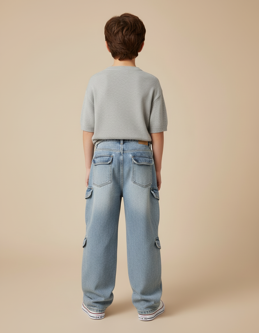 Pantalon Cargo Denim Bleu Ample Multipoches Garçon - Jean - vue 2