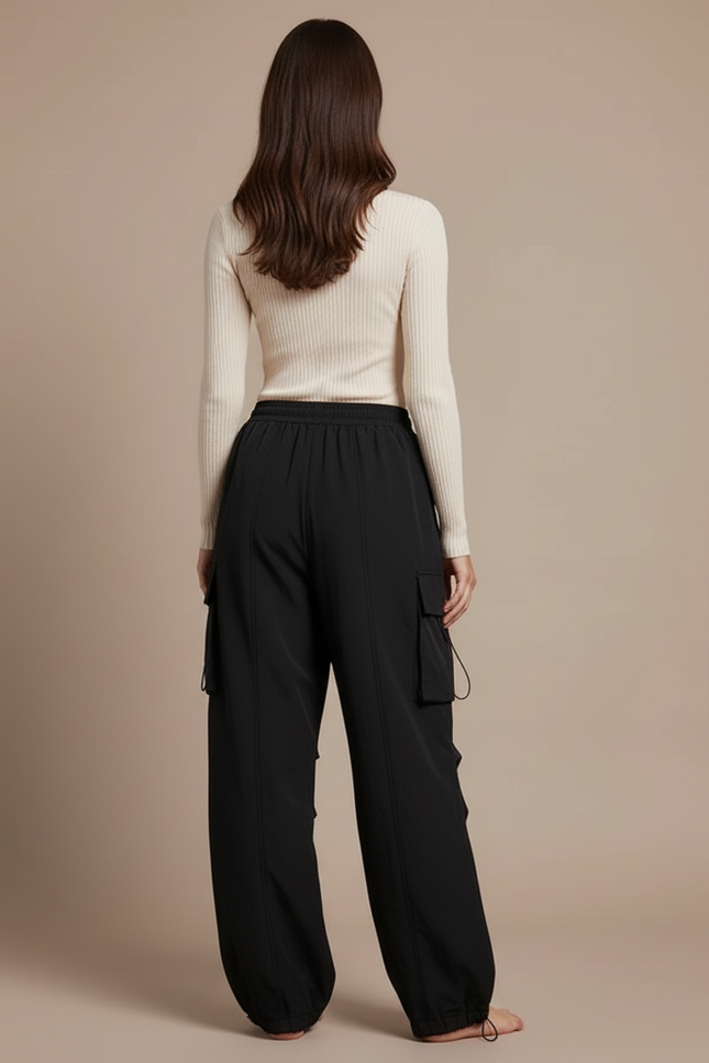 Pantalon Cargo Noir Ample Décontracté Multipoches - Polyester - vue 2
