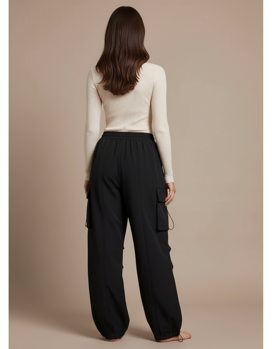Pantalon Cargo Noir Ample Décontracté Multipoches - Polyester - vue 2