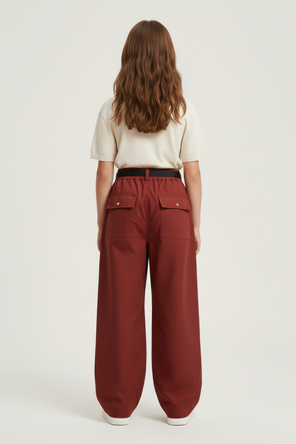 Pantalon Cargo Rouge Brique Ample Ceinturé Multipoches - Bordeaux Gabardine - vue 2