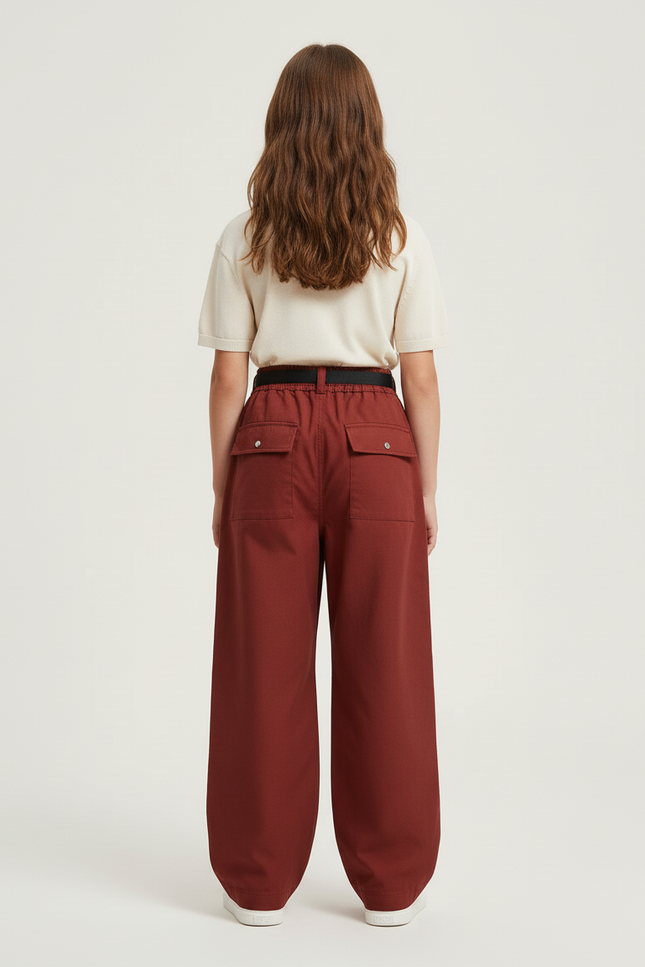 Pantalon Cargo Rouge Brique Ample Ceinturé Multipoches - Bordeaux Gabardine - vue 2