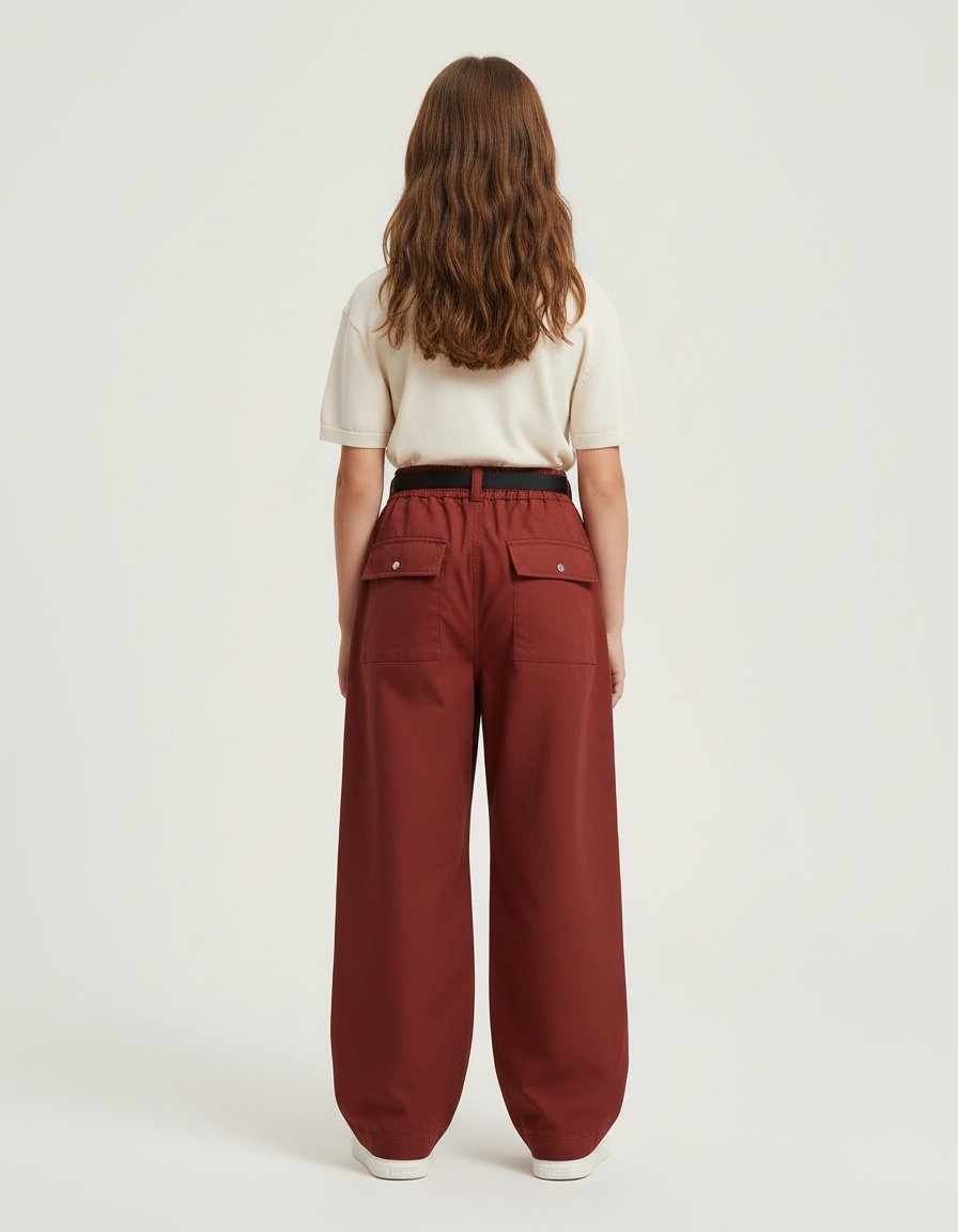 Pantalon Cargo Rouge Brique Ample Ceinturé Multipoches - Bordeaux Gabardine - vue 2