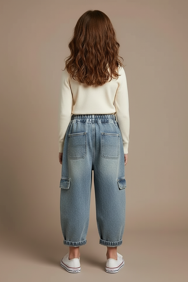 Pantalon Cargo Jean Ample Délavé Enfant - Bleu - vue 2