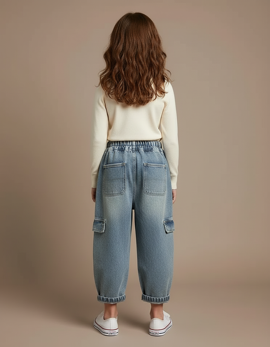 Pantalon Cargo Jean Ample Délavé Enfant - Bleu - vue 2
