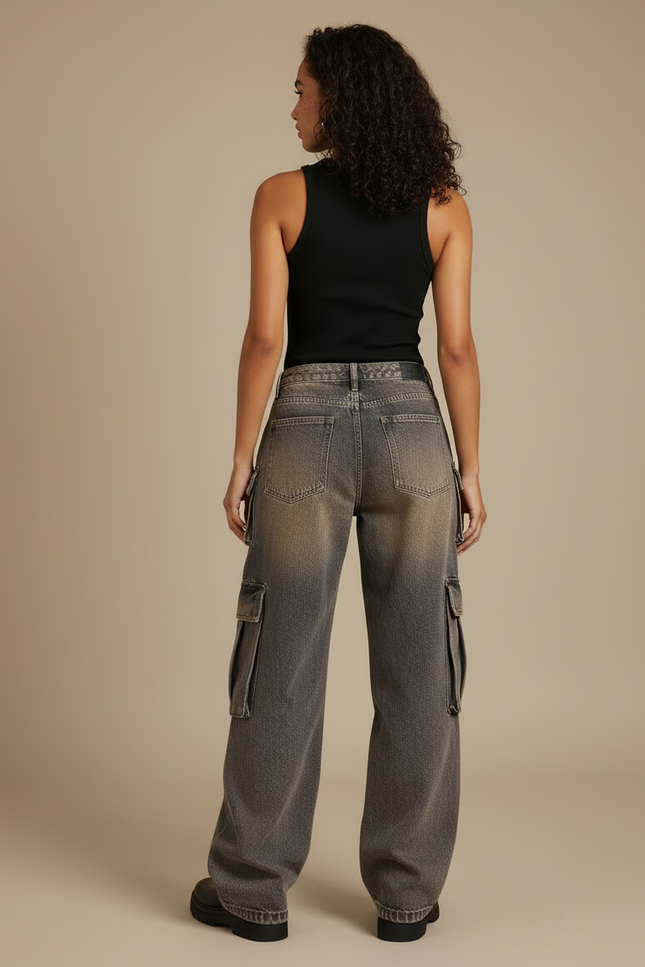Pantalon Cargo Délavé Ample Multipoches Streetwear Femme - Gris Jean - vue 2