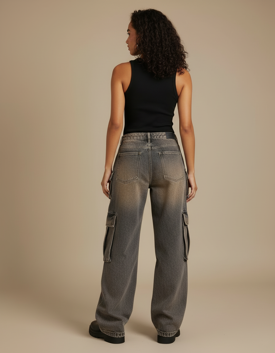 Pantalon Cargo Délavé Ample Multipoches Streetwear Femme - Gris Jean - vue 2