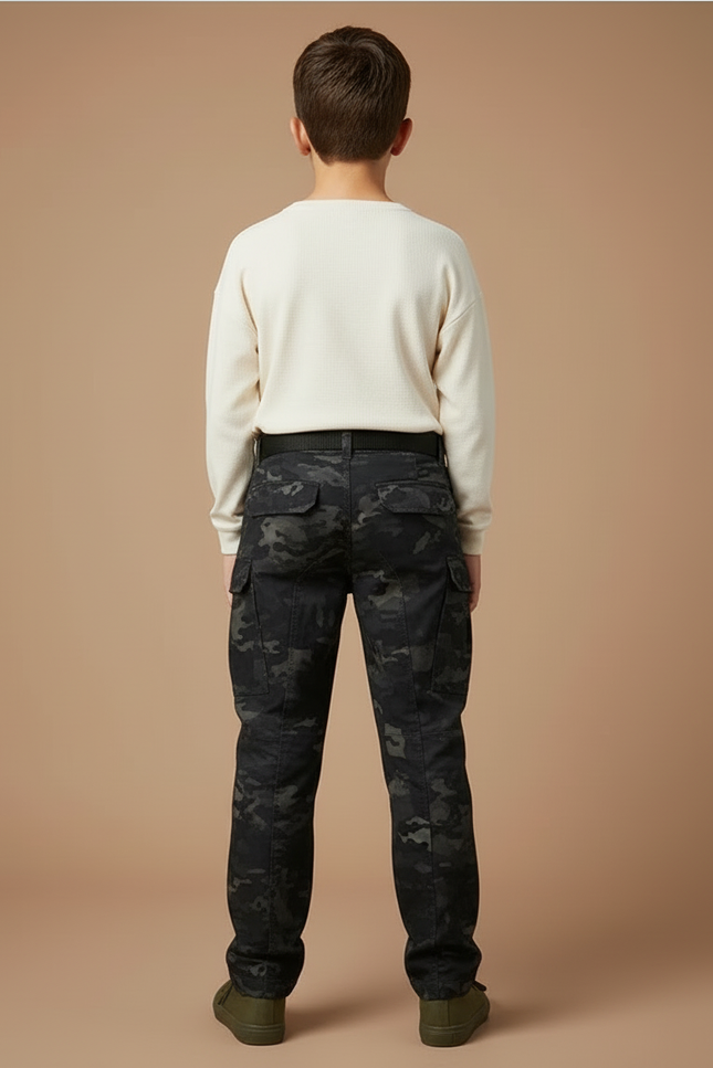 Pantalon Cargo Camouflage Noir Tactique Multipoches Enfant - Toile - vue 2