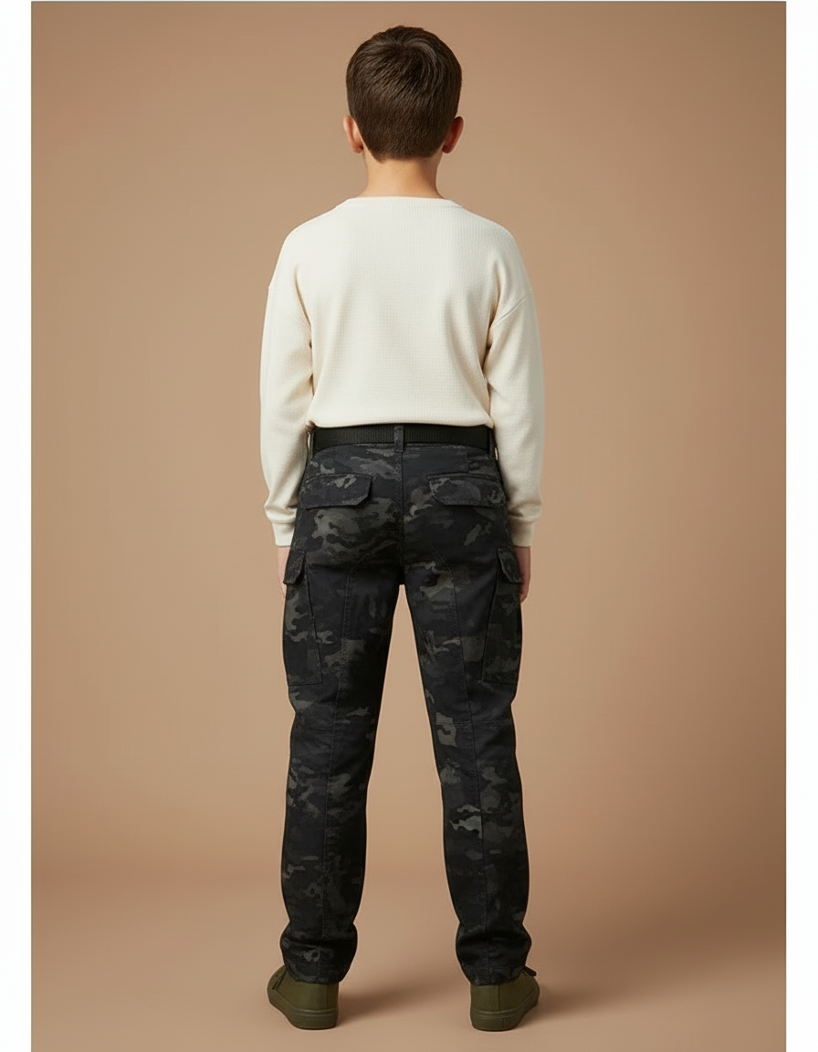 Pantalon Cargo Camouflage Noir Tactique Multipoches Enfant - Toile - vue 2