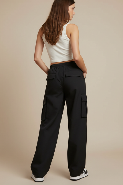 Pantalon Cargo Noir Ample Taille Haute Femme - Polyester - vue 2