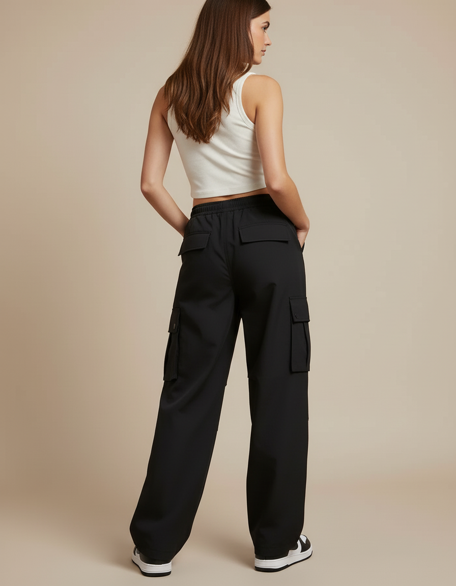 Pantalon Cargo Noir Ample Taille Haute Femme - Polyester - vue 2