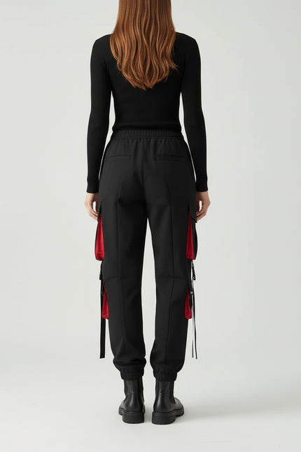Pantalon Cargo Noir Streetwear Poches Rouges Sangles - Polyester - vue 2