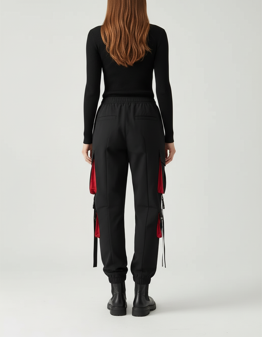 Pantalon Cargo Noir Streetwear Poches Rouges Sangles - Polyester - vue 2