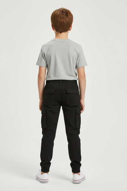 Pantalon Cargo Noir Coton Décontracté Multipoches Enfant - vue 2