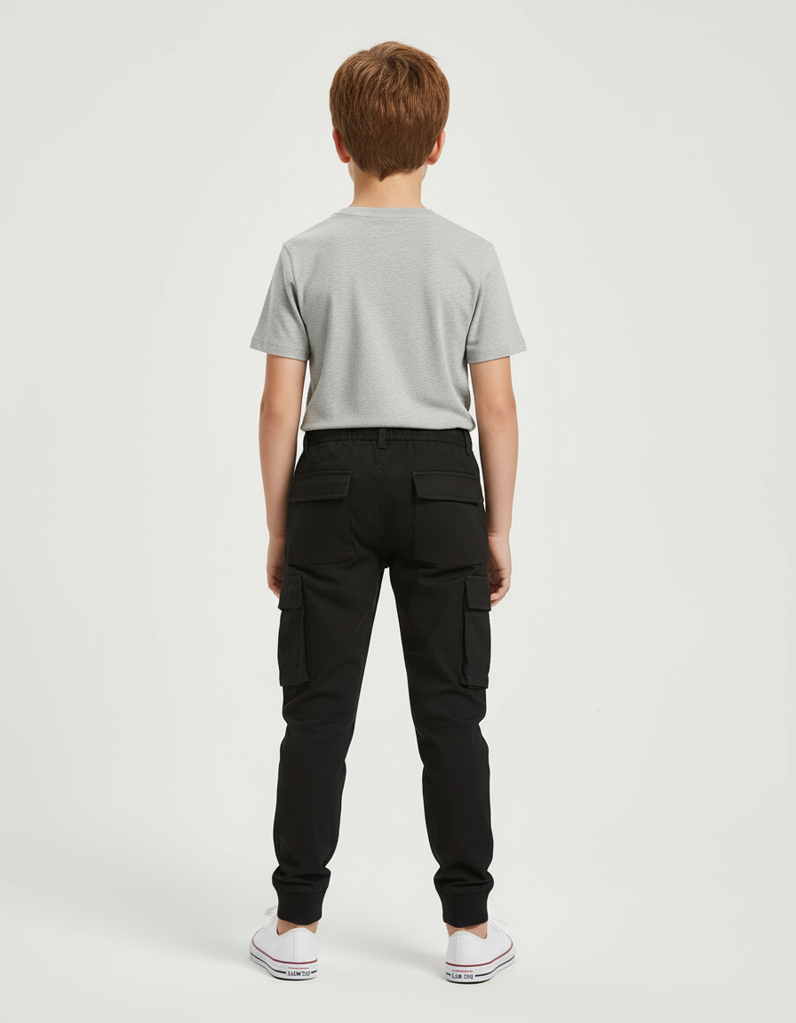Pantalon Cargo Noir Coton Décontracté Multipoches Enfant - vue 2