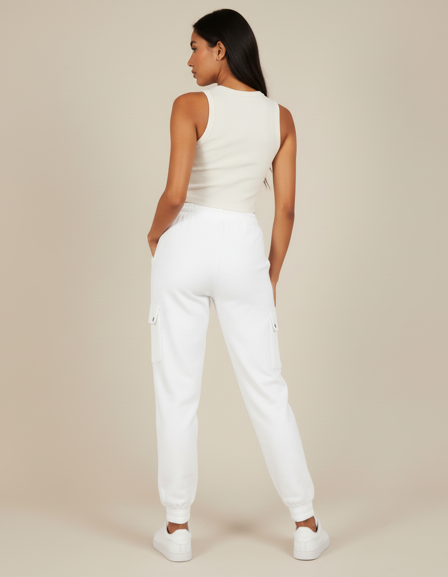 Pantalon Cargo Blanc Molletonné Cordon Zippé Femme - vue 2