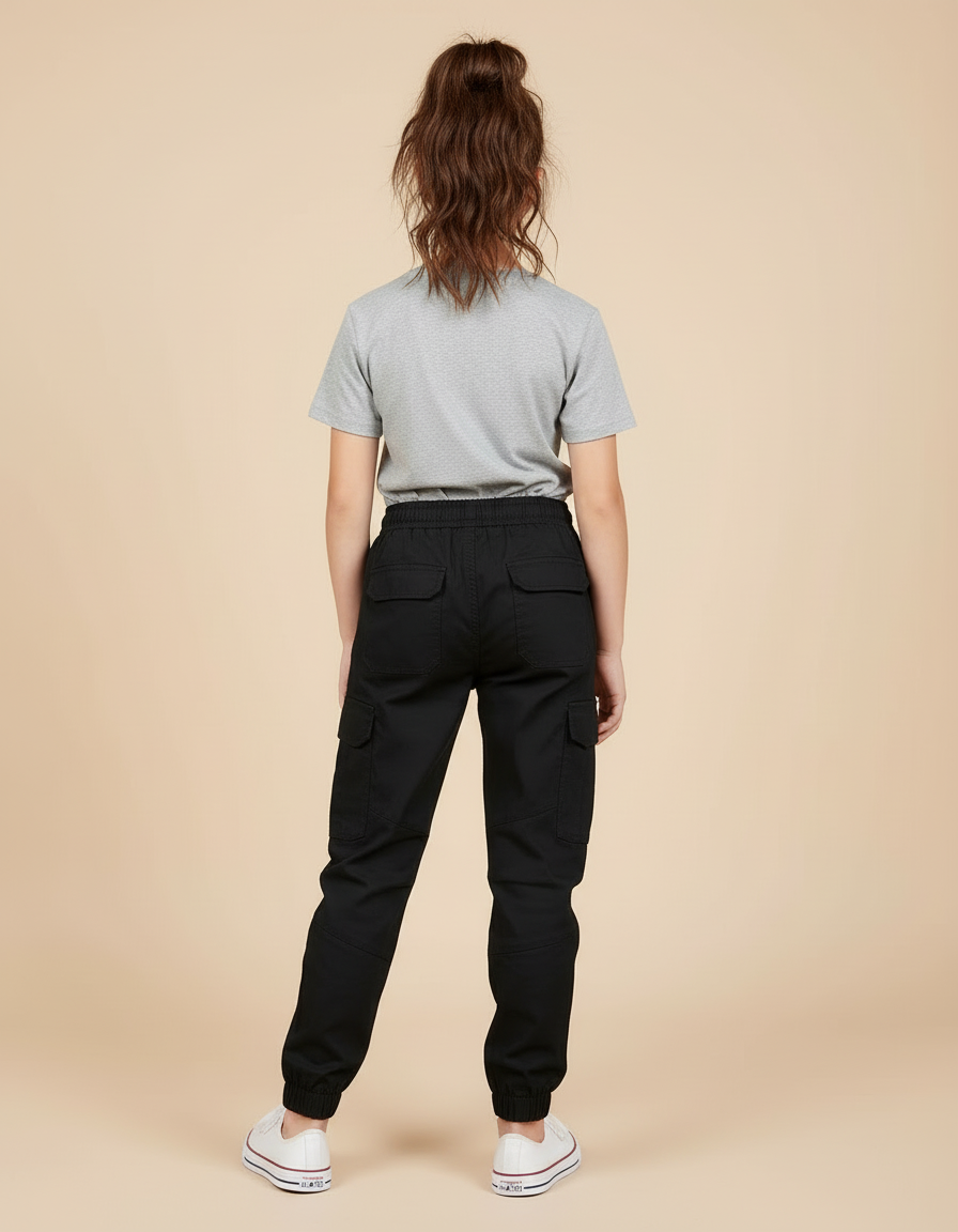 Pantalon Cargo Noir Coton Multipoches Enfant Jogger - vue 2
