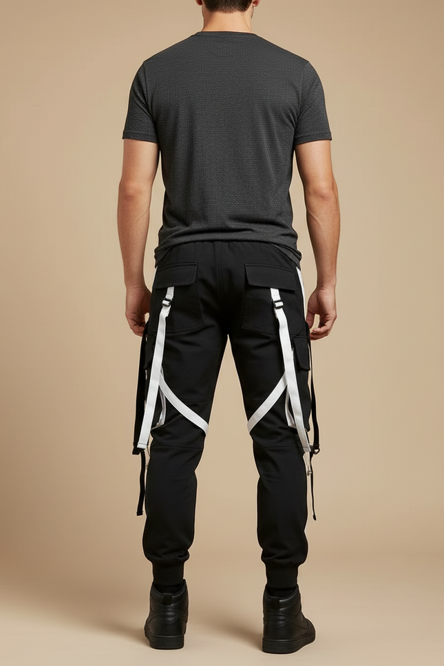 Pantalon Cargo Noir Blanc Homme Techwear Poches Multiples - Toile - vue 2